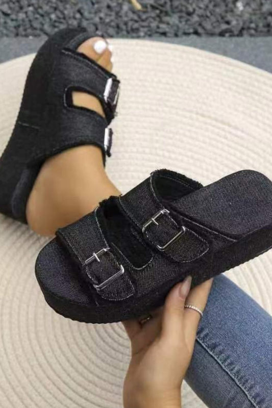 Raw Hem Wedge Buckle Sandals free shipping -Oh Em Gee Boutique