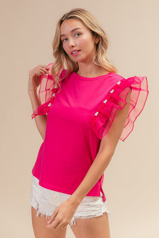 BiBi Pearl Decor Mesh Ruffle Sleeve Top free shipping -Oh Em Gee Boutique