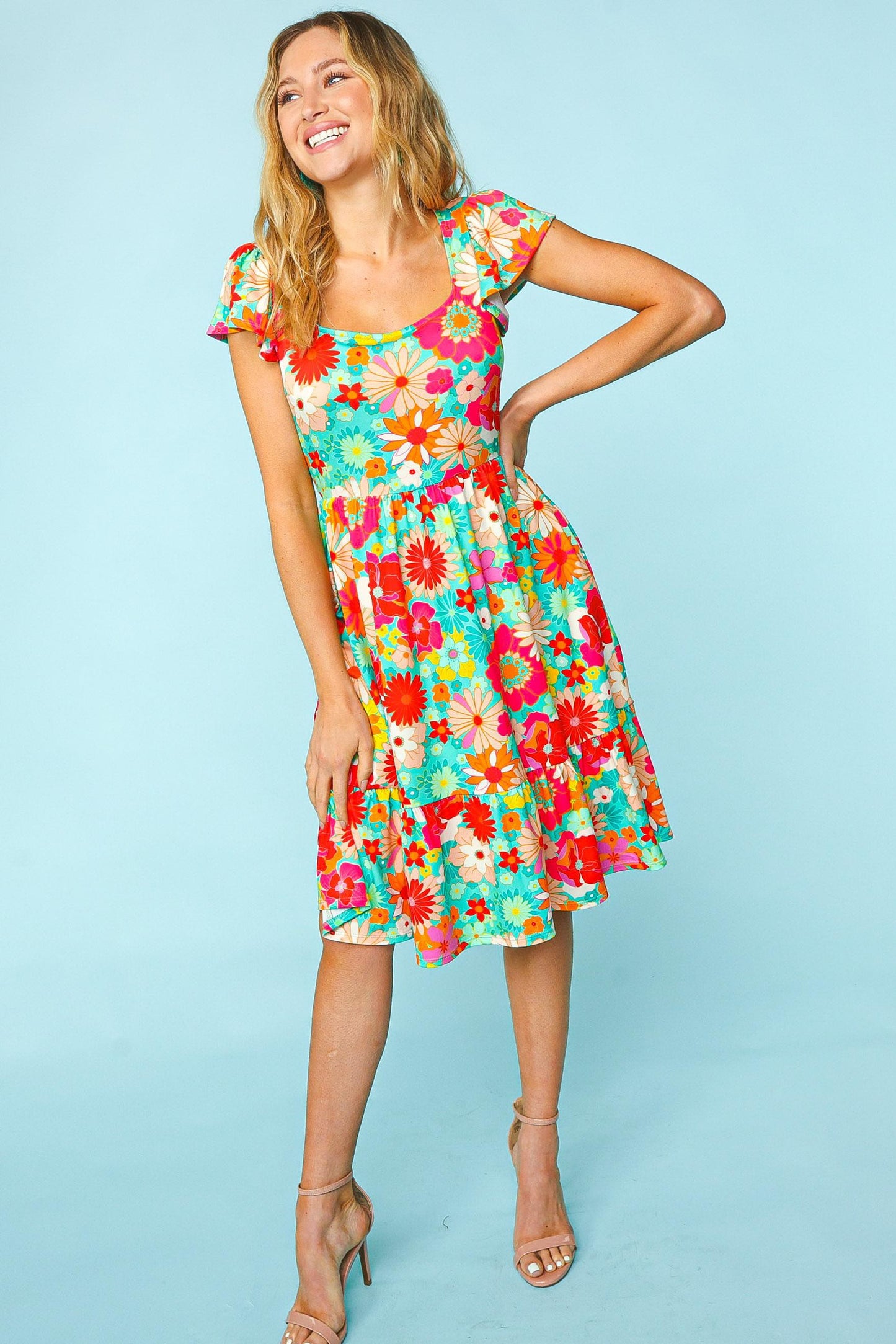 Haptics Floral Square Neck Short Sleeve Dress free shipping -Oh Em Gee Boutique