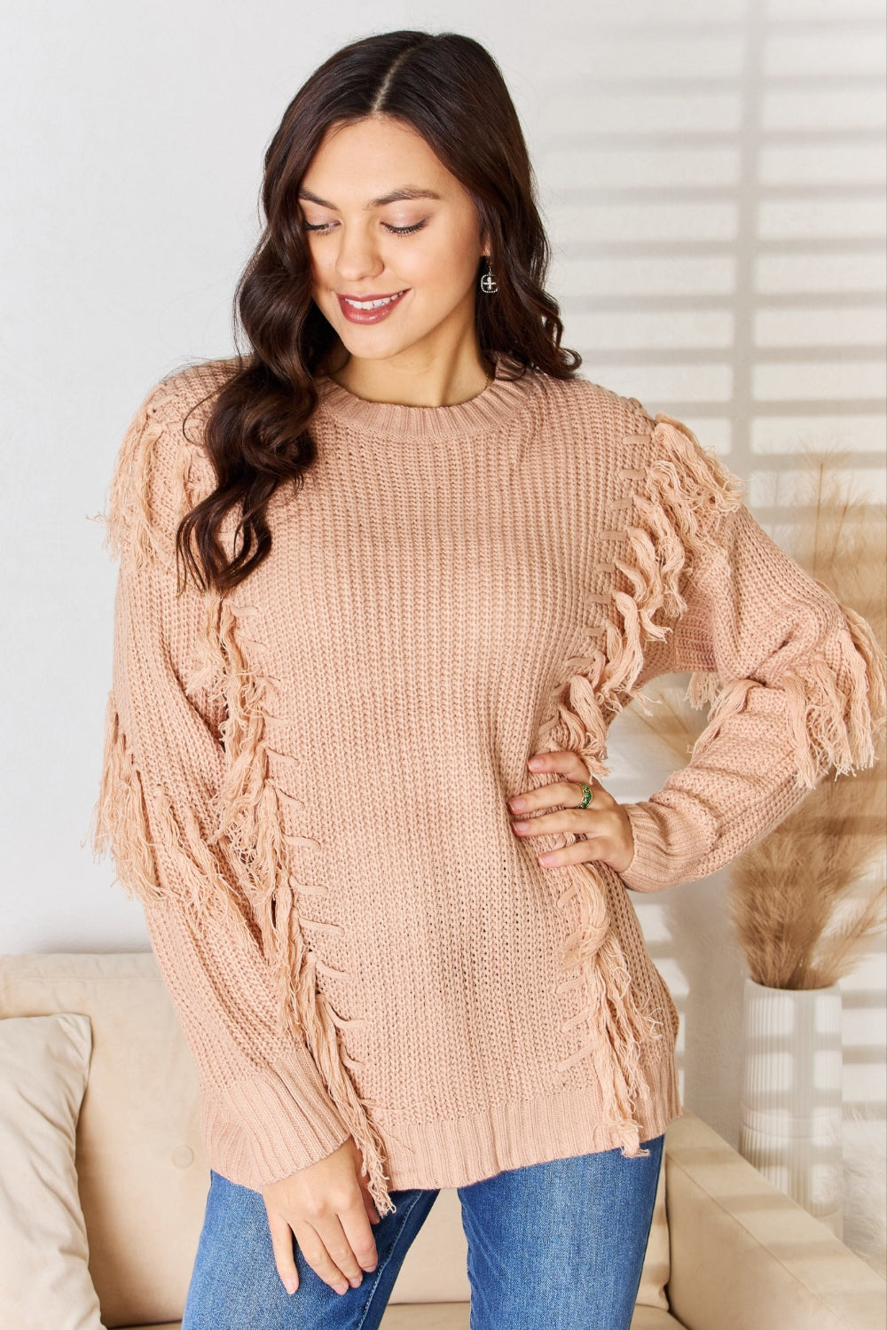 And The Why Tassel Detail Long Sleeve Sweater free shipping -Oh Em Gee Boutique