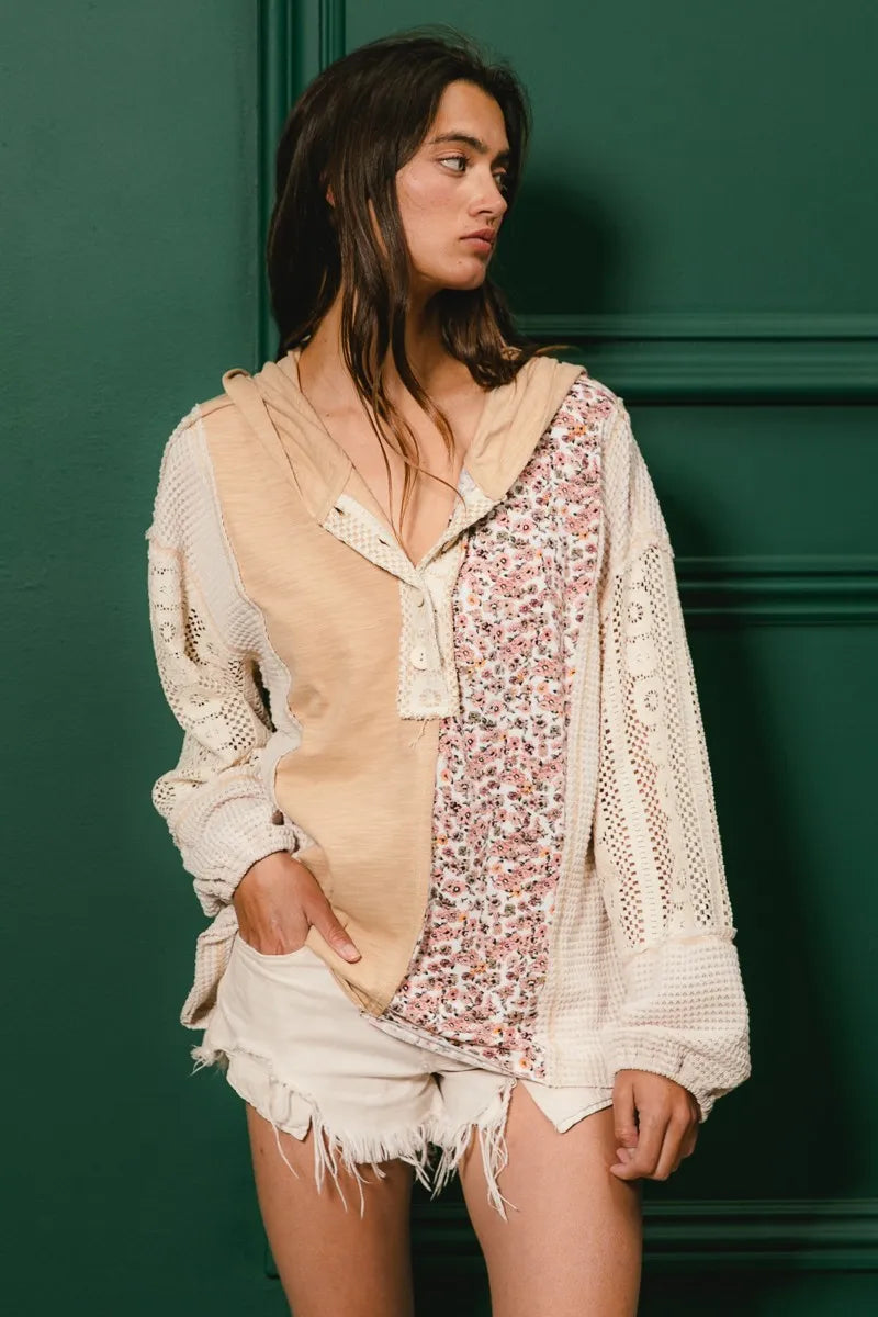 BiBi Slub Jersey with Lace Combo Buttoned Hoodie Top free shipping -Oh Em Gee Boutique