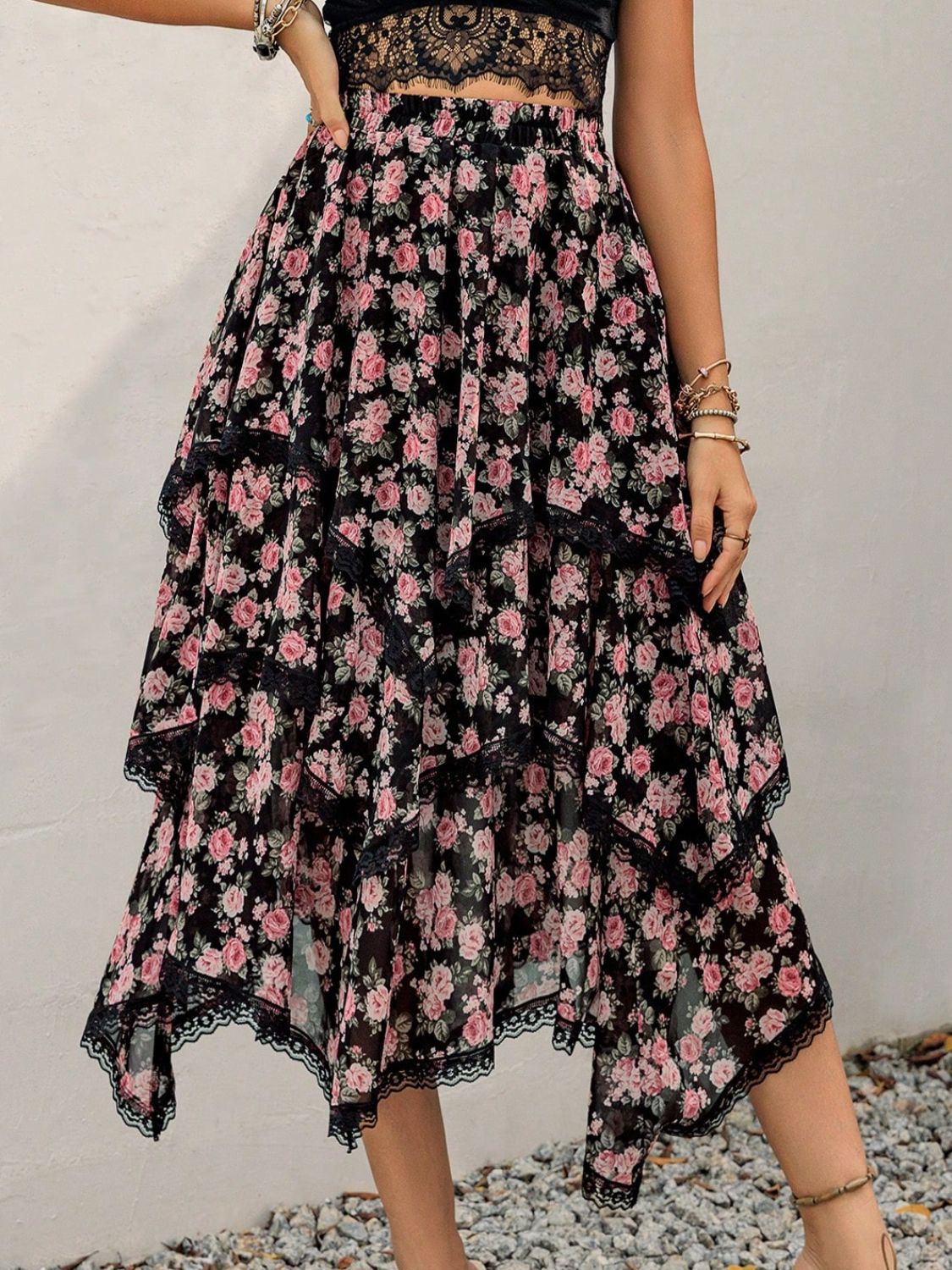 Lace Detail Layered Printed Skirt free shipping -Oh Em Gee Boutique