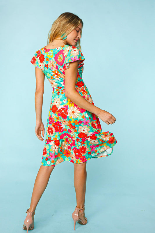 Haptics Floral Square Neck Short Sleeve Dress free shipping -Oh Em Gee Boutique