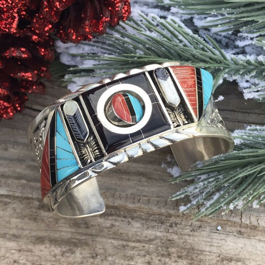 Don Dewa Zuni Sterling Silver Multi-stone SunFace Cuff Bracelet free shipping -Oh Em Gee Boutique