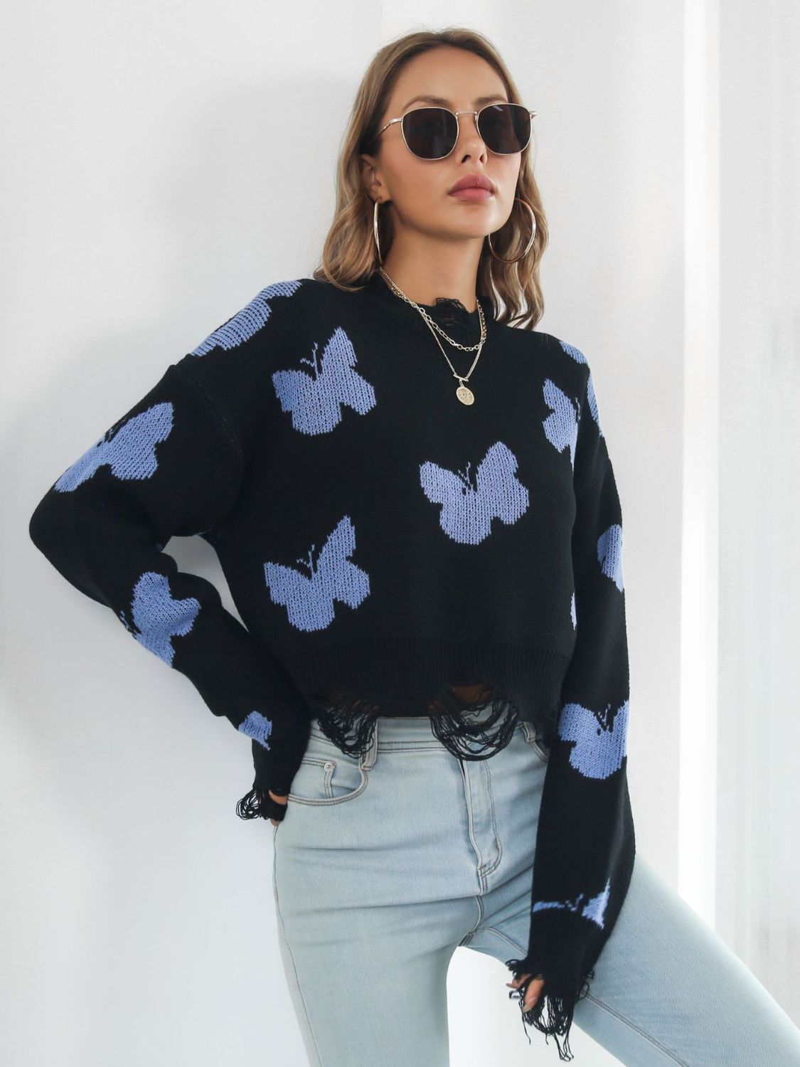 Distressed Butterfly Cropped Sweater free shipping -Oh Em Gee Boutique