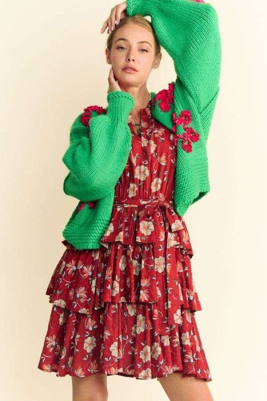 Davi & Dani Floral Applique Open Front Drop Shoulder Cardigan free shipping -Oh Em Gee Boutique
