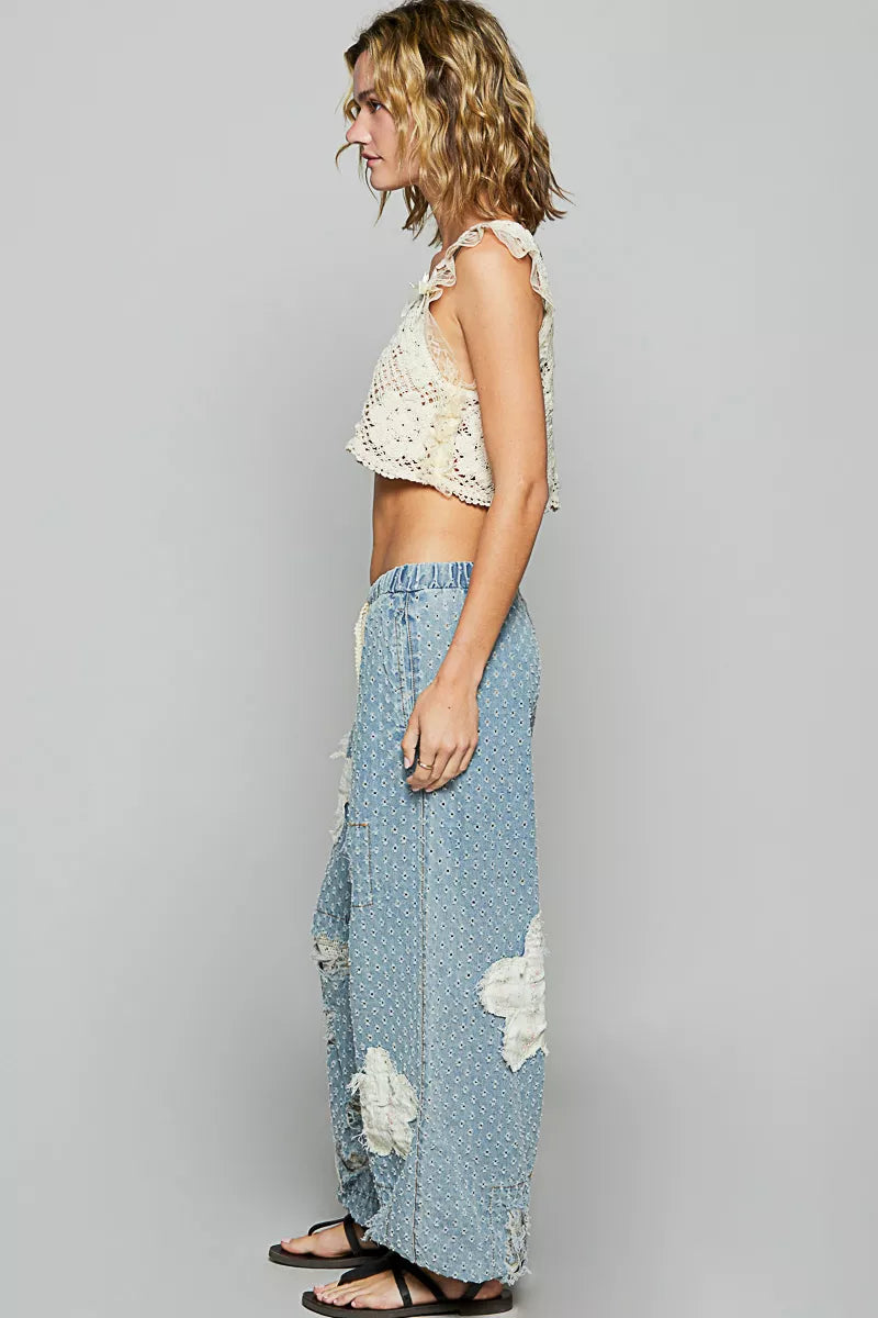 POL Floral Patch Washed Textured Twill Pants with Crochet See Thru Patch free shipping -Oh Em Gee Boutique