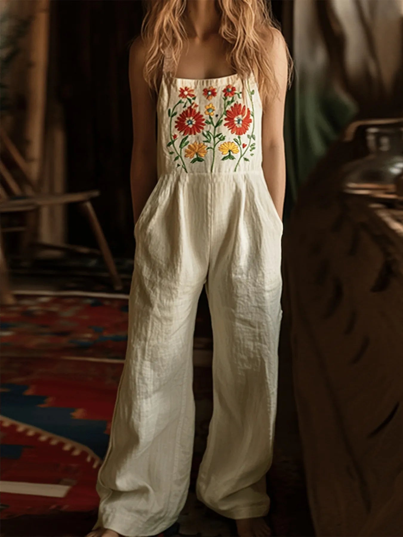 Floral Embroidered Wide Leg Jumpsuit free shipping -Oh Em Gee Boutique