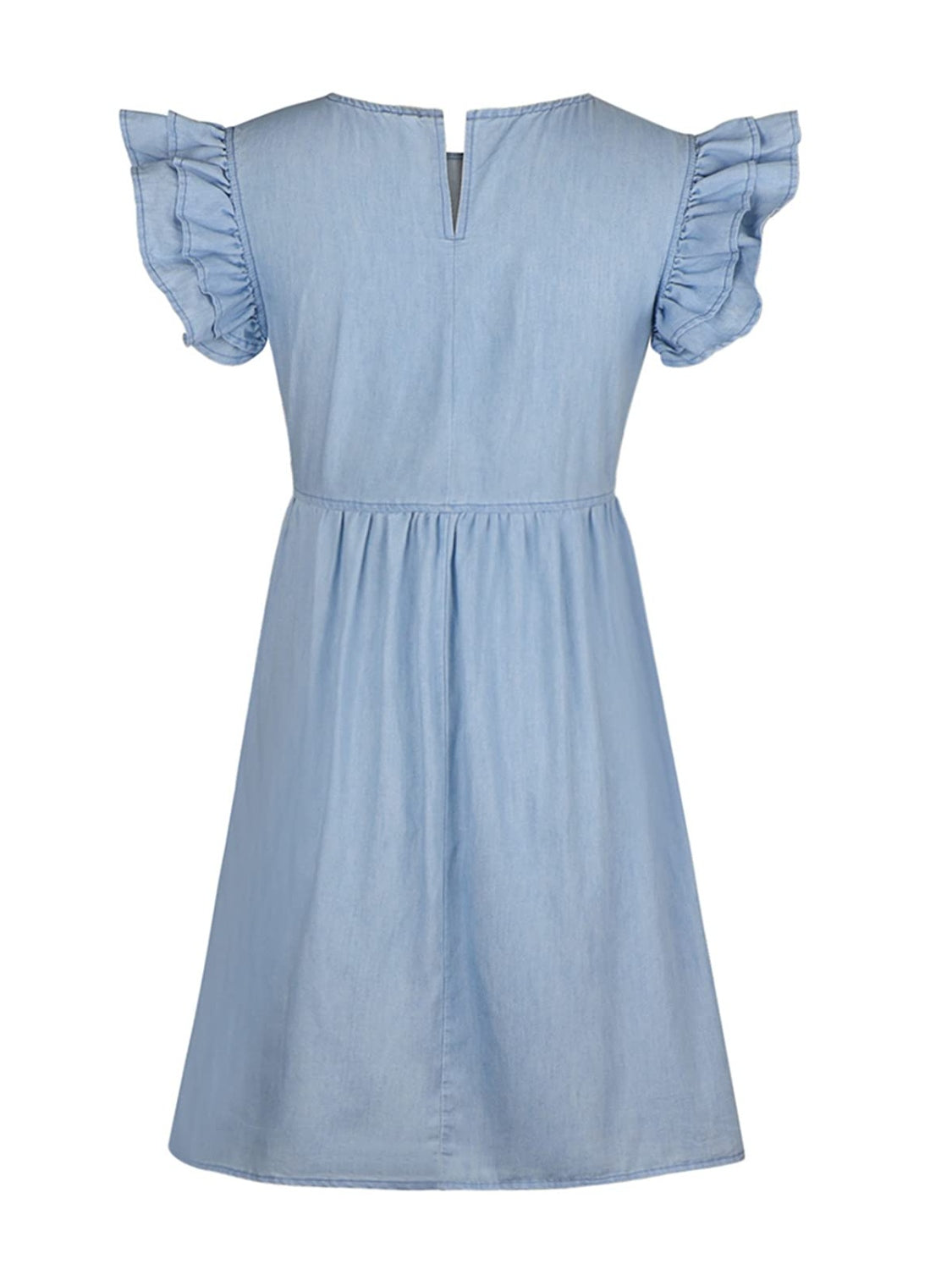 Full Size Ruffled Round Neck Cap Sleeve Denim Dress free shipping -Oh Em Gee Boutique