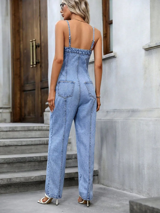 Spaghetti Strap Denim Overalls with Pockets free shipping -Oh Em Gee Boutique