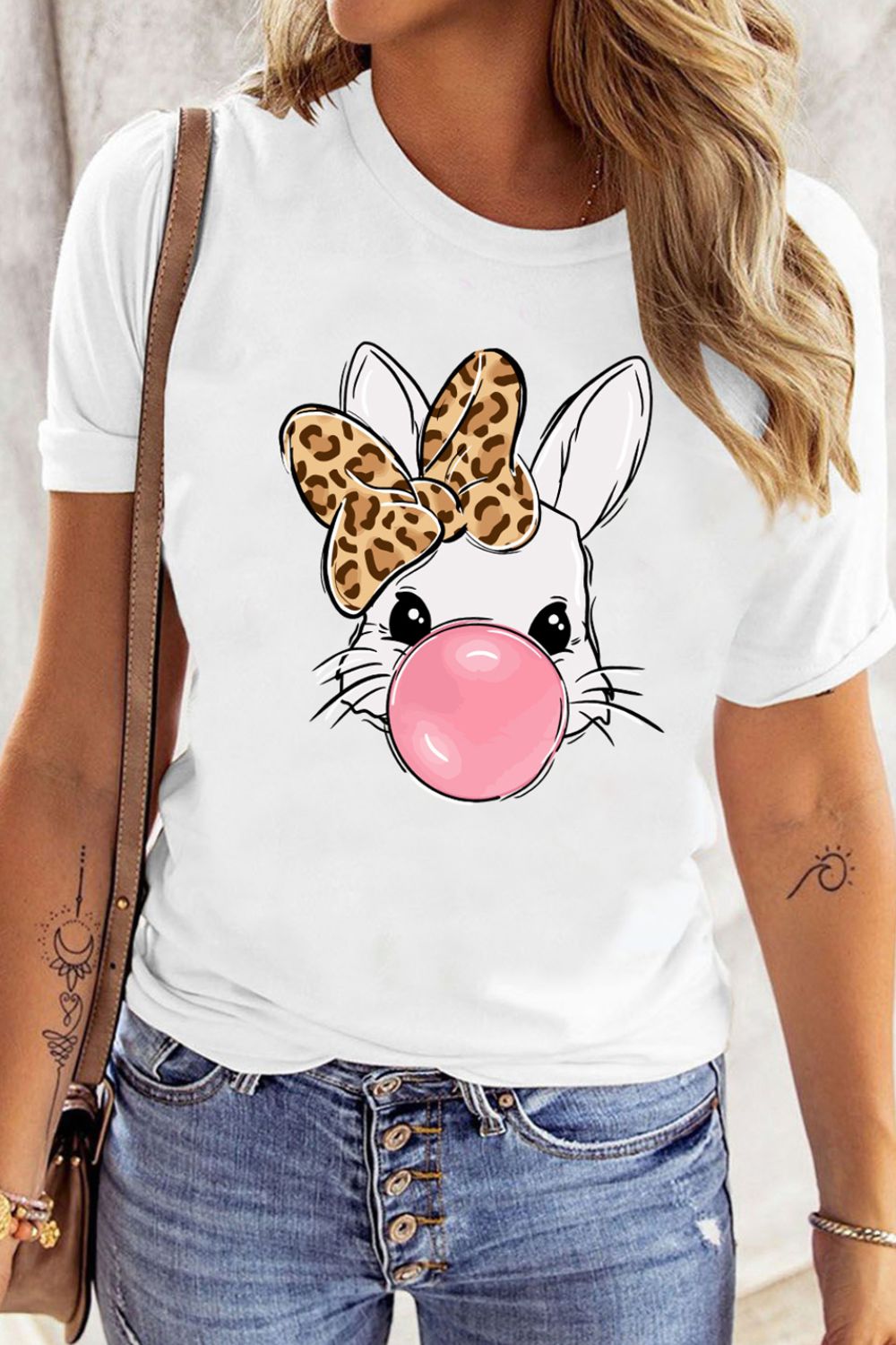 Leopard Bow Rabbit Graphic Round Neck Short Sleeve T-Shirt free shipping -Oh Em Gee Boutique
