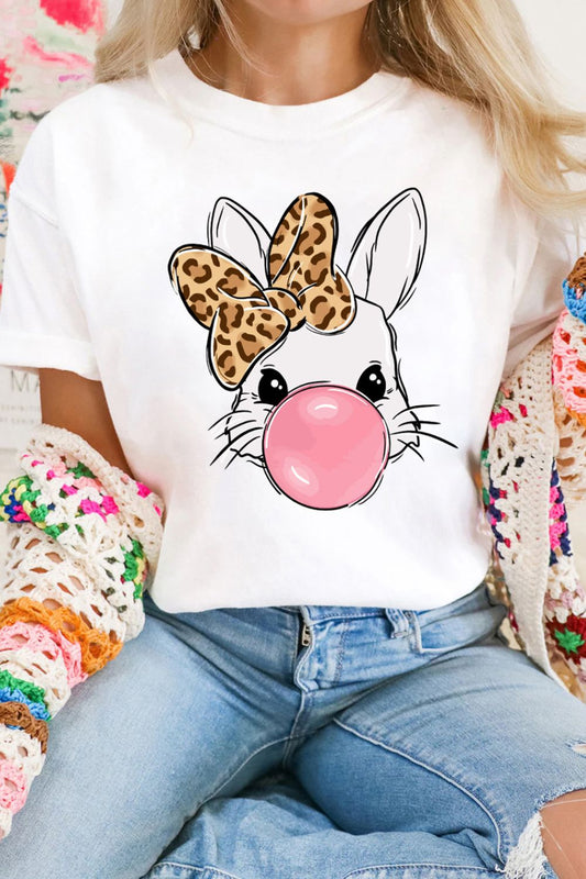 Leopard Bow Rabbit Graphic Round Neck Short Sleeve T-Shirt free shipping -Oh Em Gee Boutique