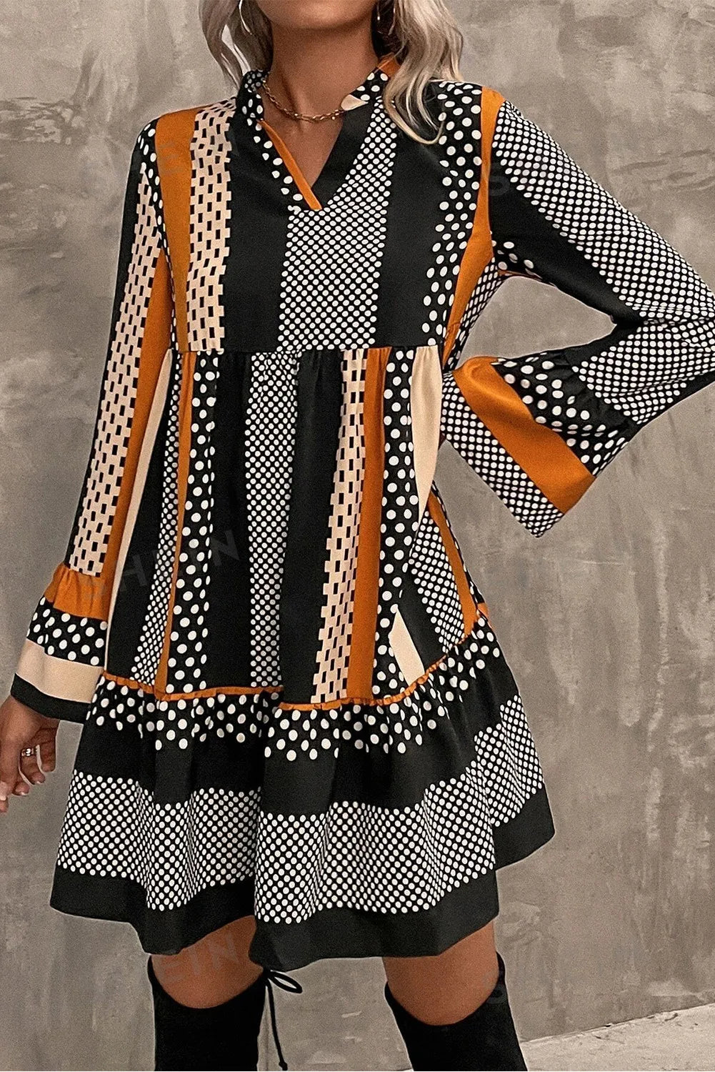 Printed Notched Long Sleeve Mini Dress free shipping -Oh Em Gee Boutique