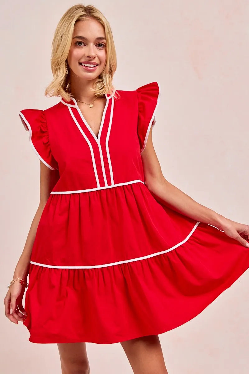 BiBi Gameday Theme Contrast Binding Ruffled Dress free shipping -Oh Em Gee Boutique