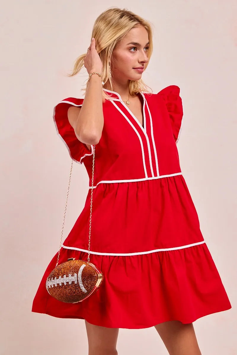 BiBi Gameday Theme Contrast Binding Ruffled Dress free shipping -Oh Em Gee Boutique