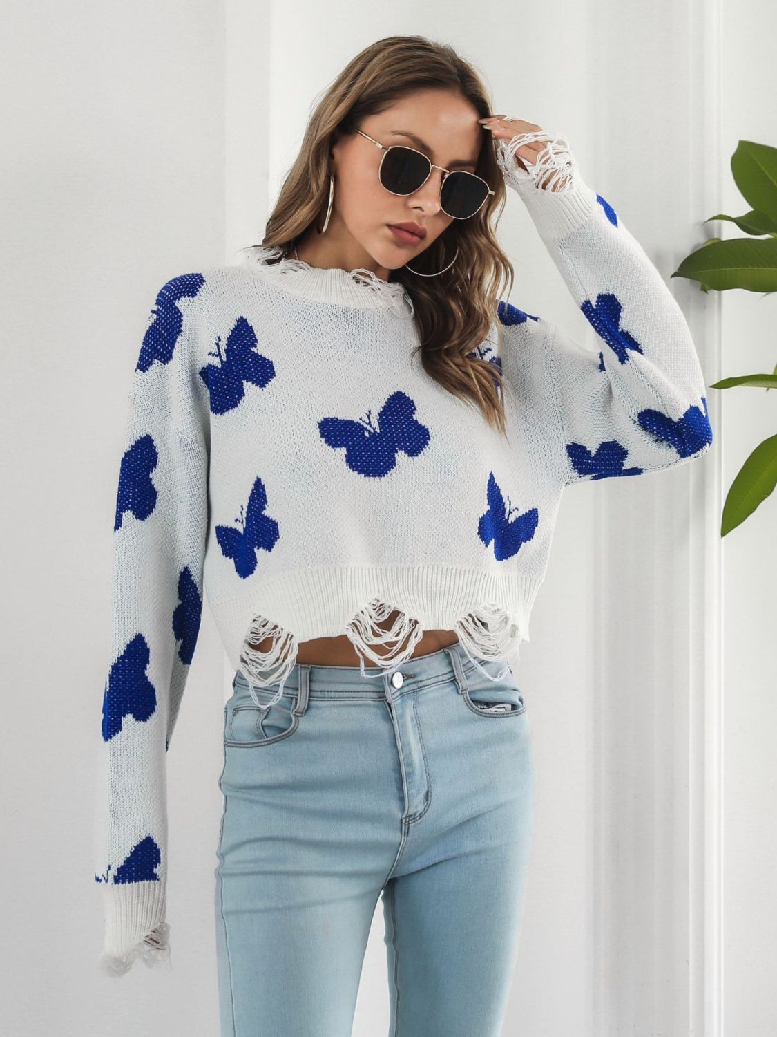 Distressed Butterfly Cropped Sweater free shipping -Oh Em Gee Boutique