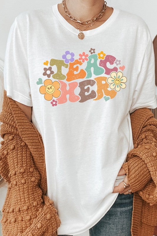 Teacher Pastel Floral Lash Smiley Graphic Tee free shipping -Oh Em Gee Boutique