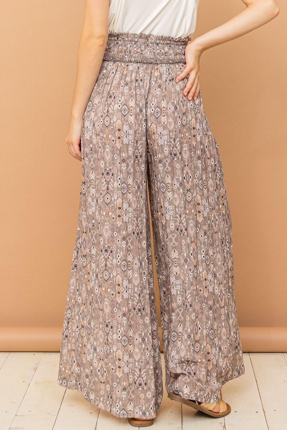 And The Why Printed Smocked Waist Slit Wide Leg Pants free shipping -Oh Em Gee Boutique
