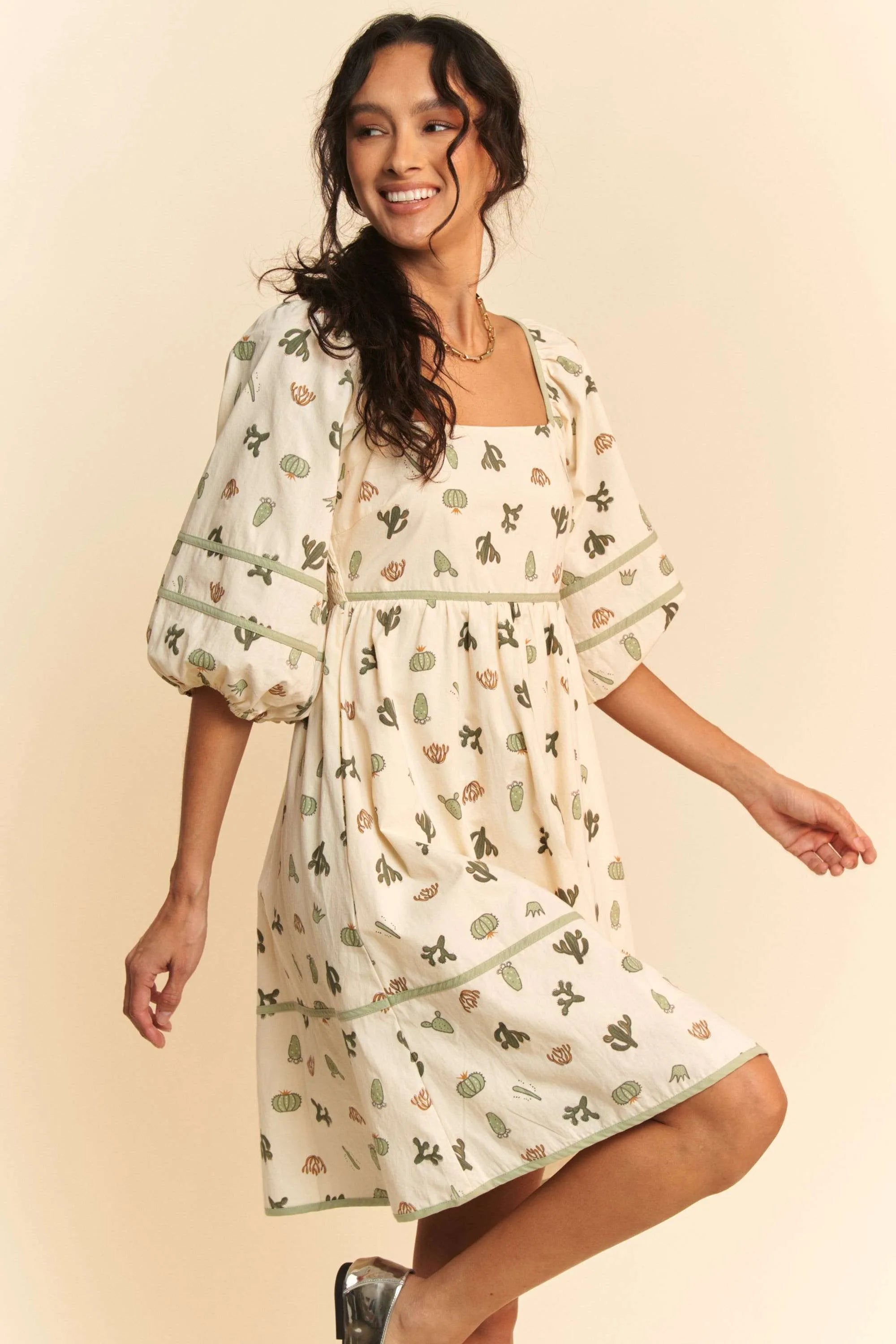 Davi & Dani Cactus Printed Poplin Contrast Piping Mini Dress free shipping -Oh Em Gee Boutique