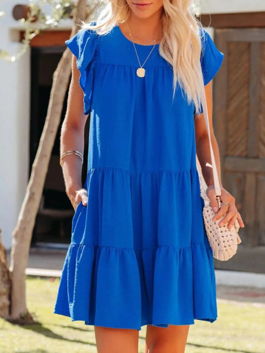 Ruffled Round Neck Cap Sleeve Mini Dress free shipping -Oh Em Gee Boutique