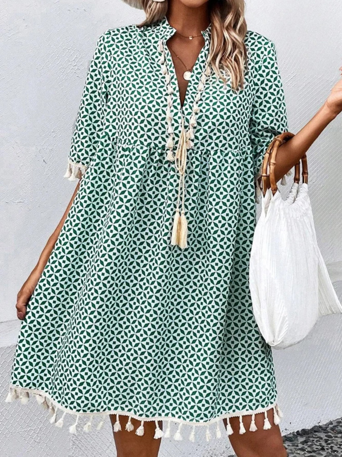Tassel Printed Notched Half Sleeve Mini Dress free shipping -Oh Em Gee Boutique