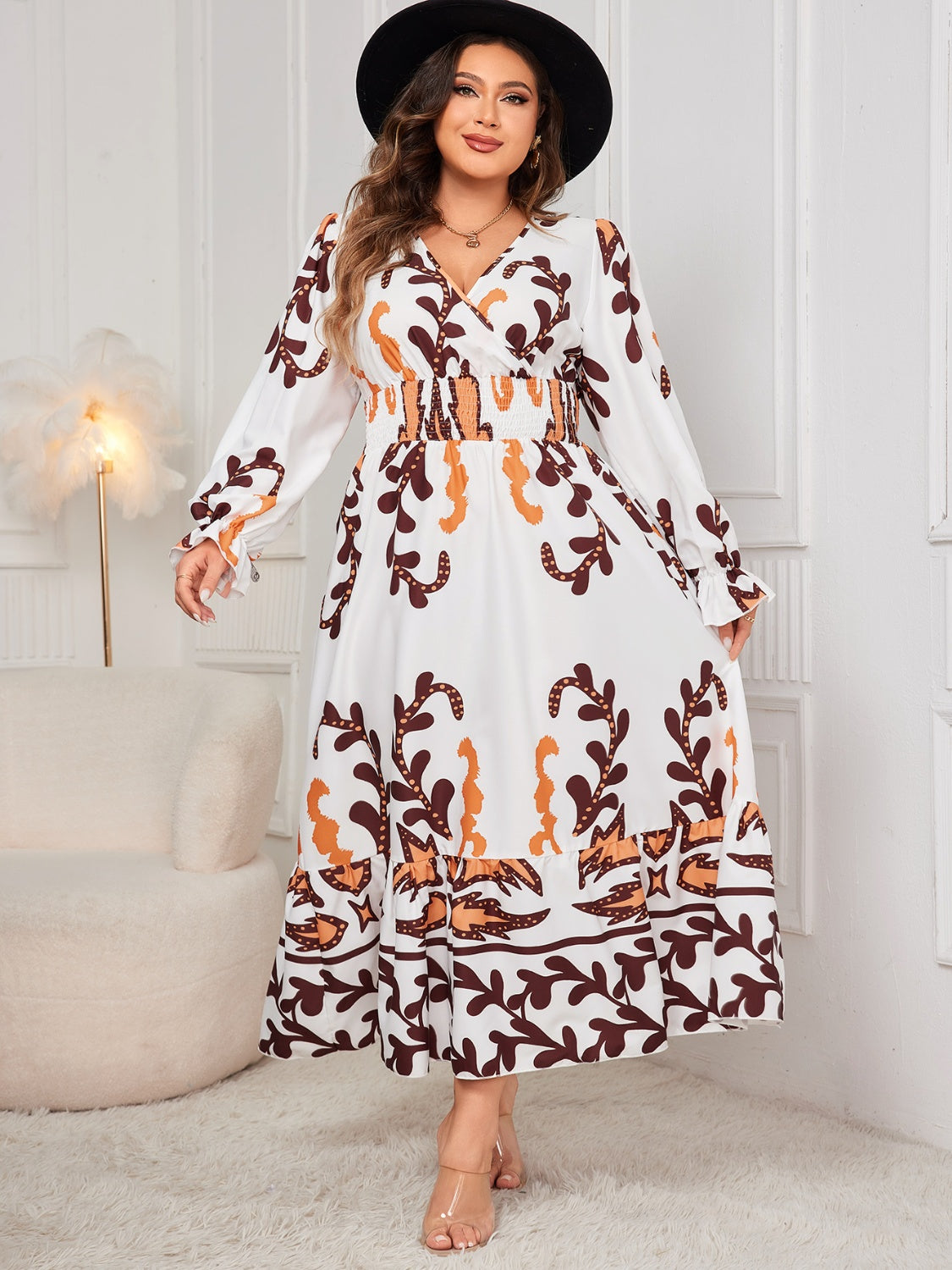 Plus Size Printed Surplice Flounce Sleeve Dress free shipping -Oh Em Gee Boutique