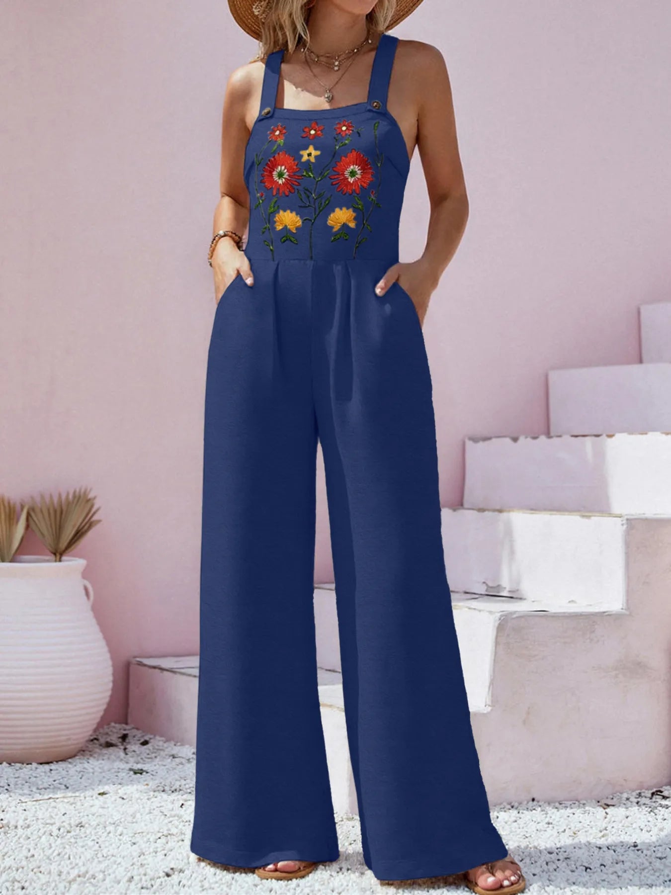 Floral Embroidered Wide Leg Jumpsuit free shipping -Oh Em Gee Boutique