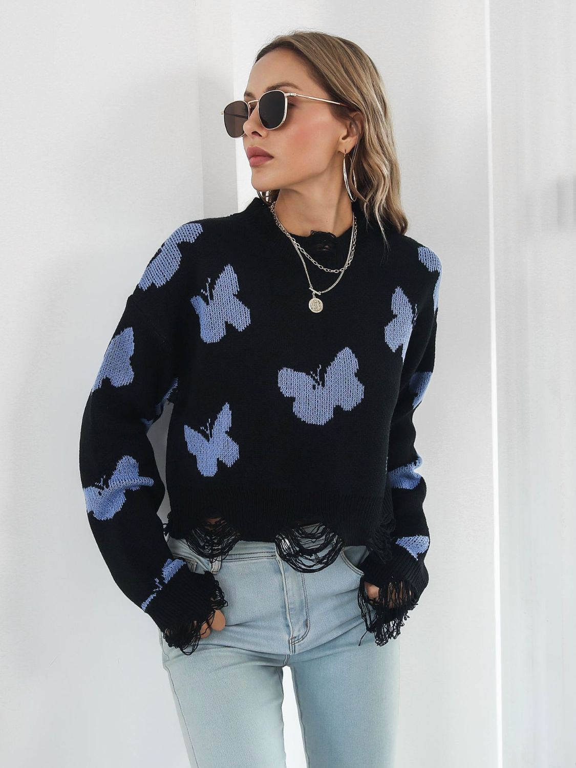 Distressed Butterfly Cropped Sweater free shipping -Oh Em Gee Boutique