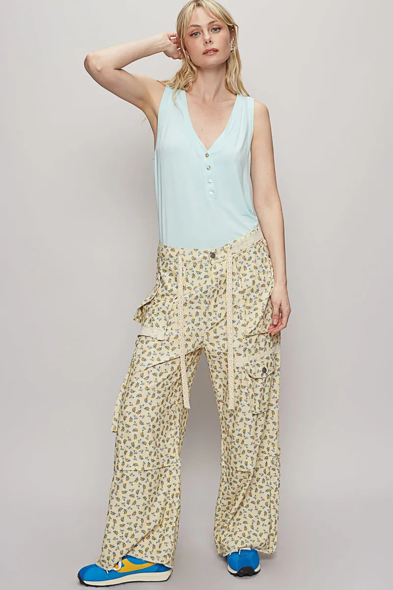 POL Floral Cargo Wide Leg Pants with Lace Drawstring free shipping -Oh Em Gee Boutique
