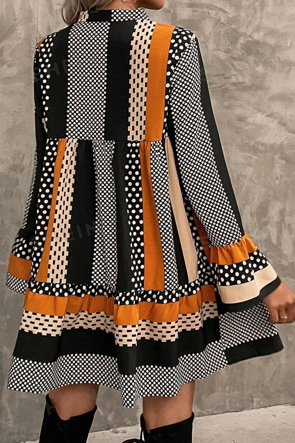 Printed Notched Long Sleeve Mini Dress free shipping -Oh Em Gee Boutique