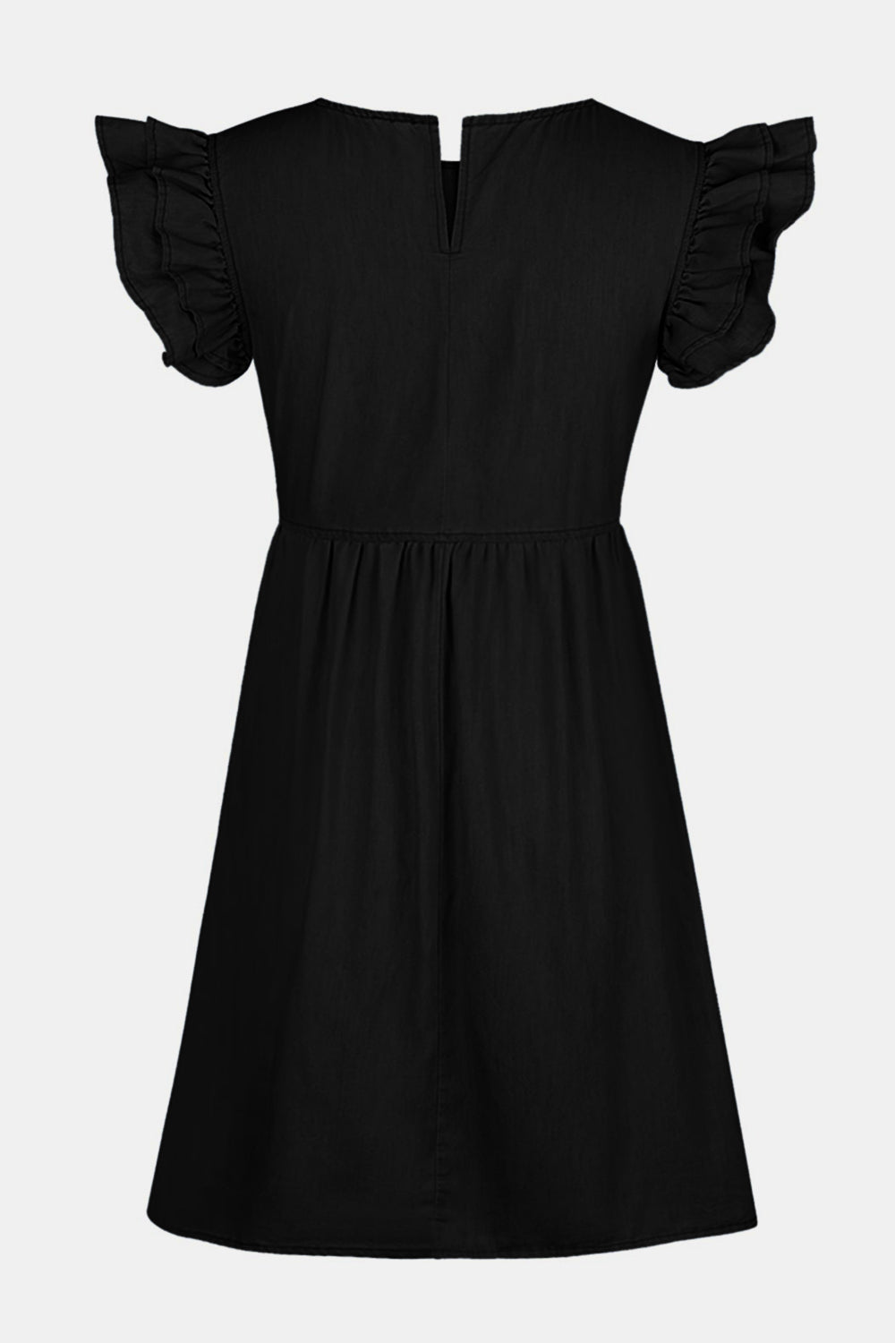 Full Size Ruffled Round Neck Cap Sleeve Denim Dress free shipping -Oh Em Gee Boutique