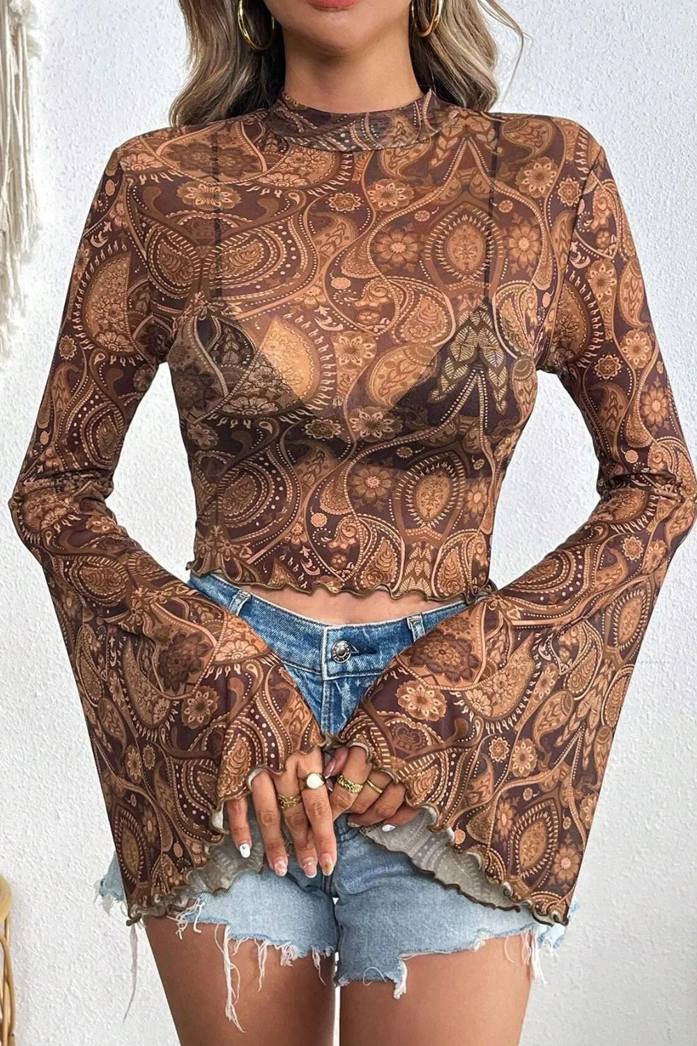 Printed Mock Neck Flare Sleeve Top free shipping -Oh Em Gee Boutique