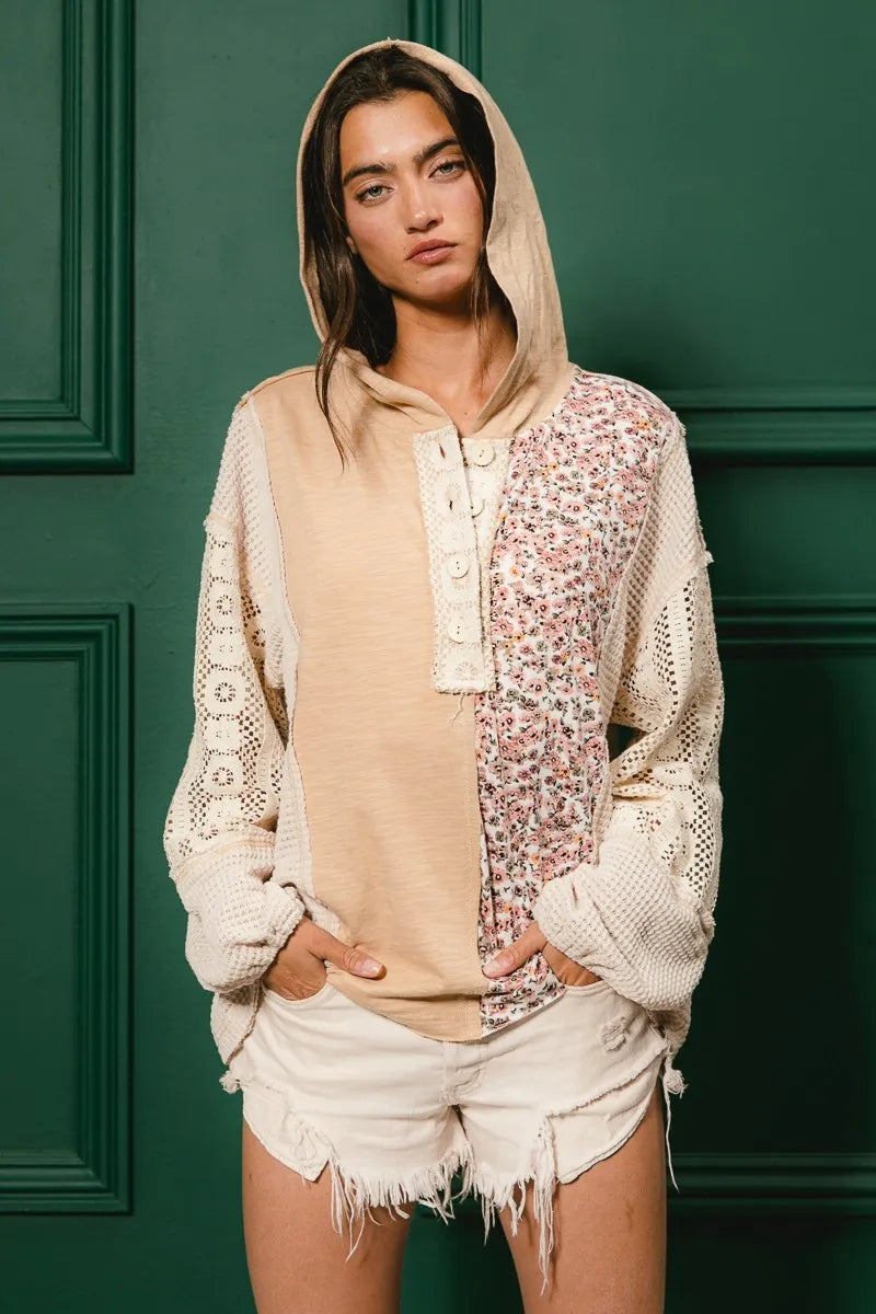 BiBi Slub Jersey with Lace Combo Buttoned Hoodie Top free shipping -Oh Em Gee Boutique
