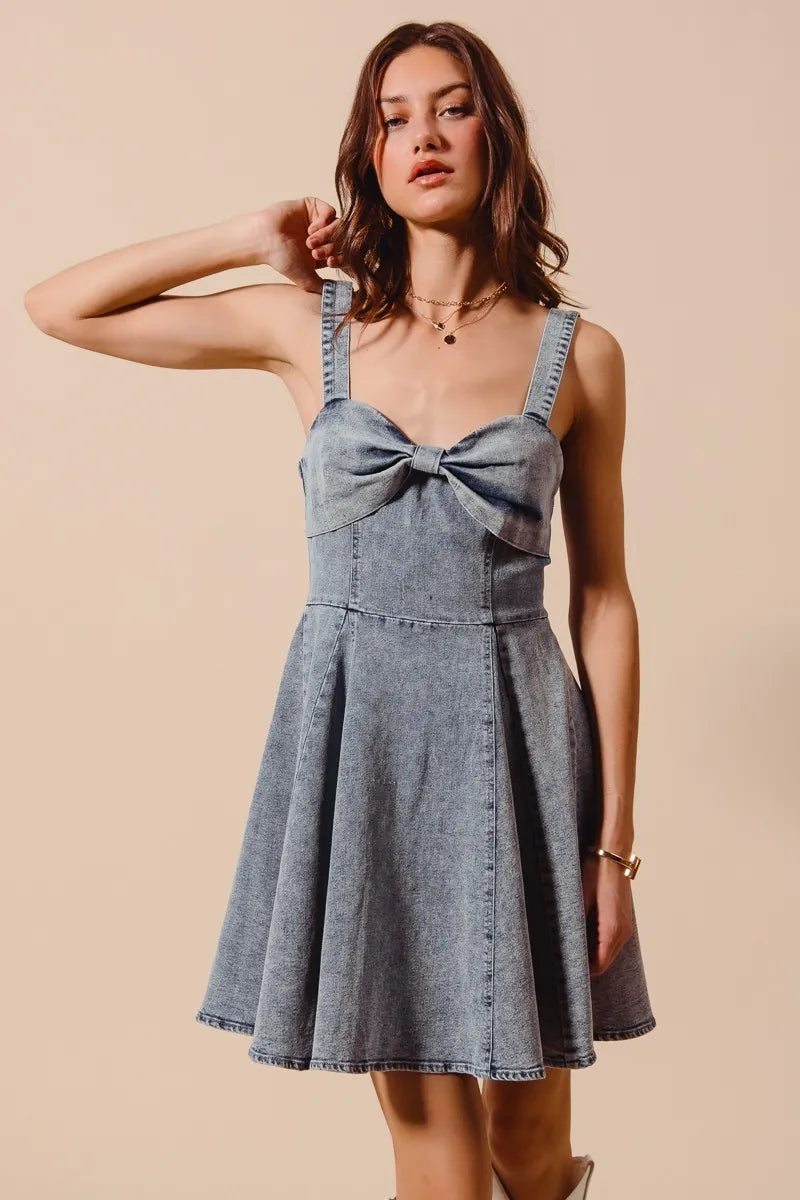 SO ME Mineral Washed Bow Ribbon Denim Flare Dress free shipping -Oh Em Gee Boutique
