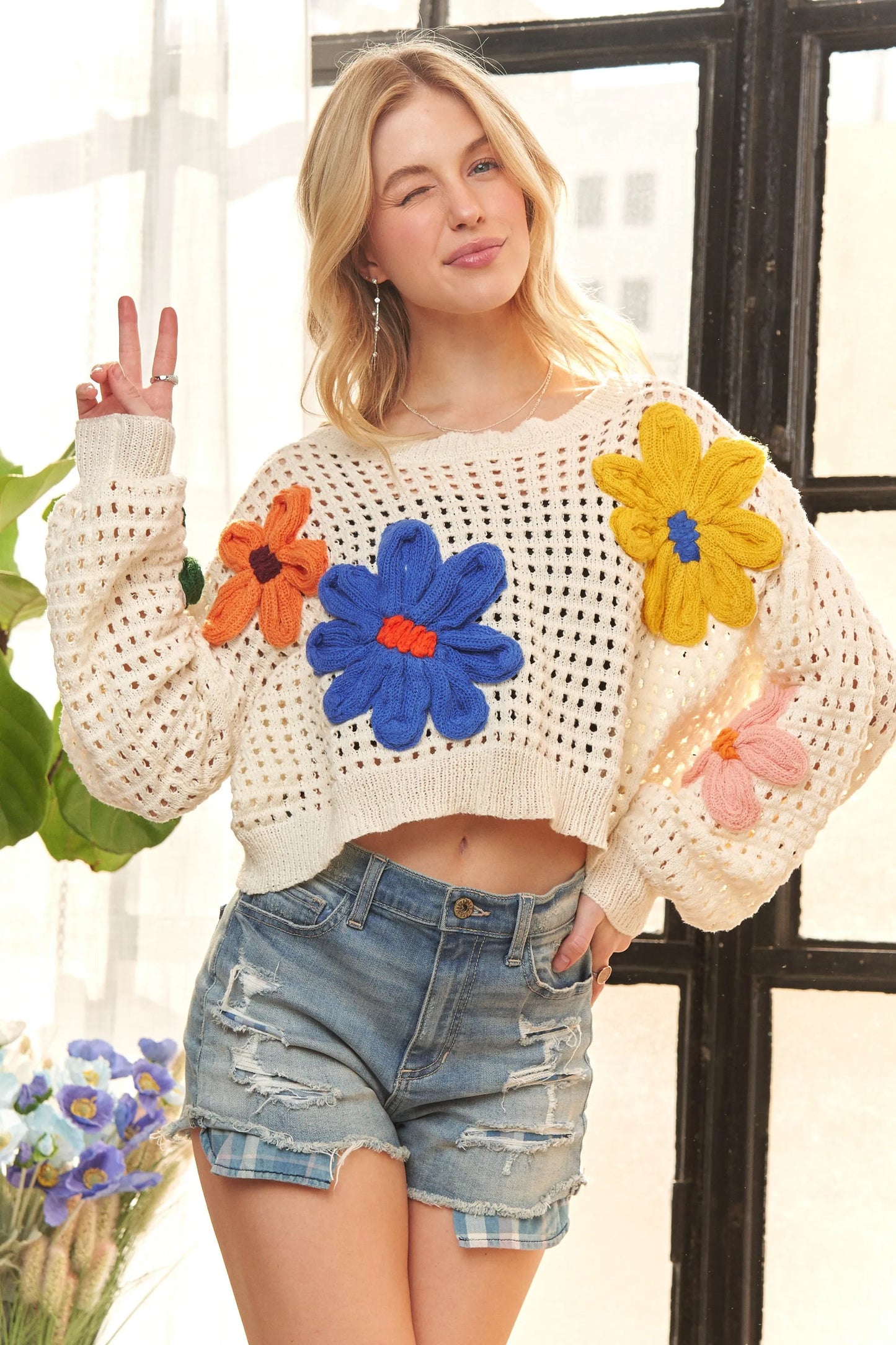 ADORA Floral Patch Sweater Crop Top free shipping -Oh Em Gee Boutique