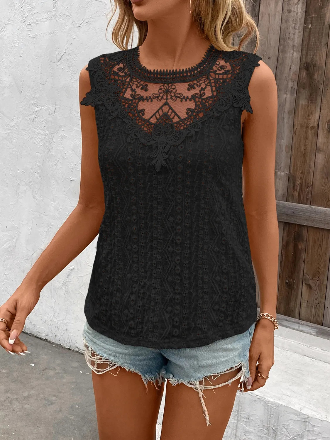 Lace Detail Eyelet Round Neck Tank free shipping -Oh Em Gee Boutique