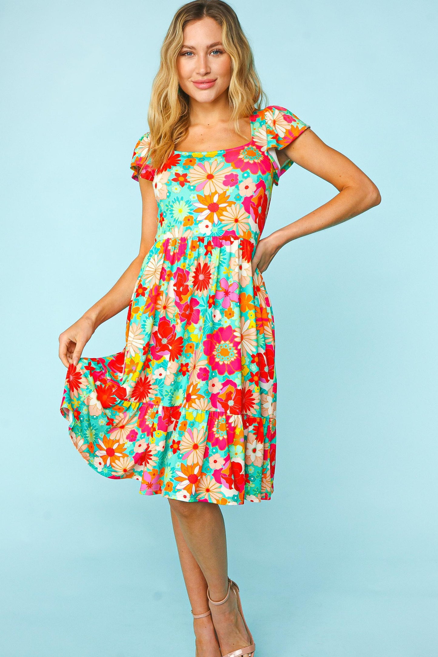 Haptics Floral Square Neck Short Sleeve Dress free shipping -Oh Em Gee Boutique