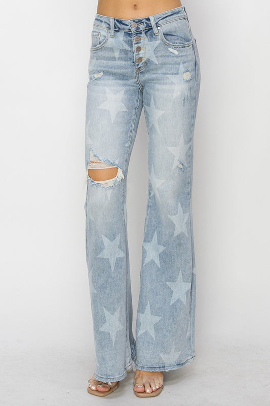 RISEN Mid Rise Button Fly Start Print Flare Jeans free shipping -Oh Em Gee Boutique