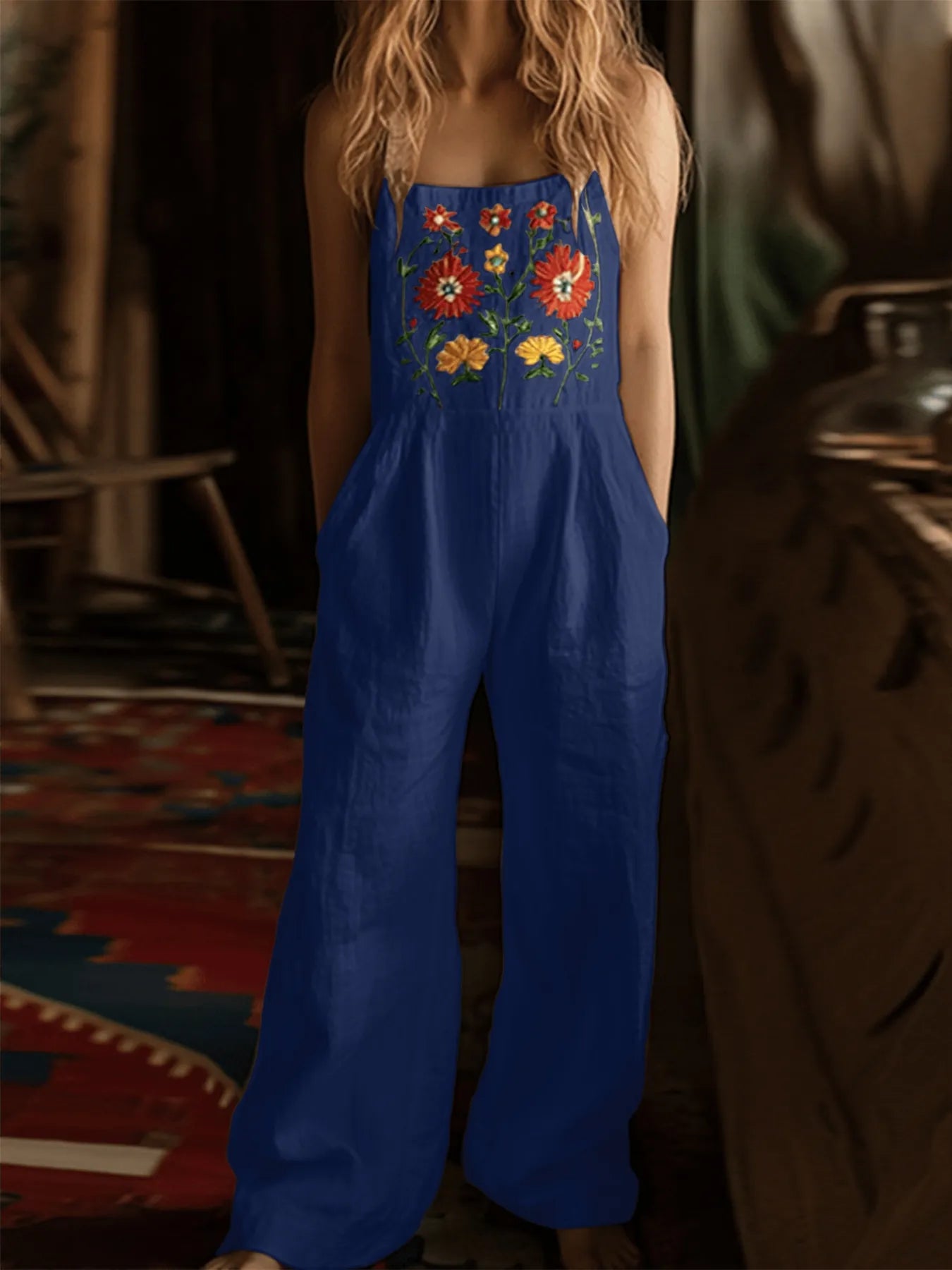 Floral Embroidered Wide Leg Jumpsuit free shipping -Oh Em Gee Boutique