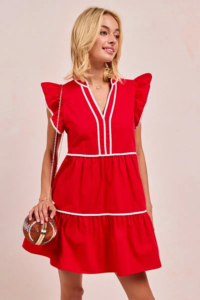 BiBi Gameday Theme Contrast Binding Ruffled Dress free shipping -Oh Em Gee Boutique