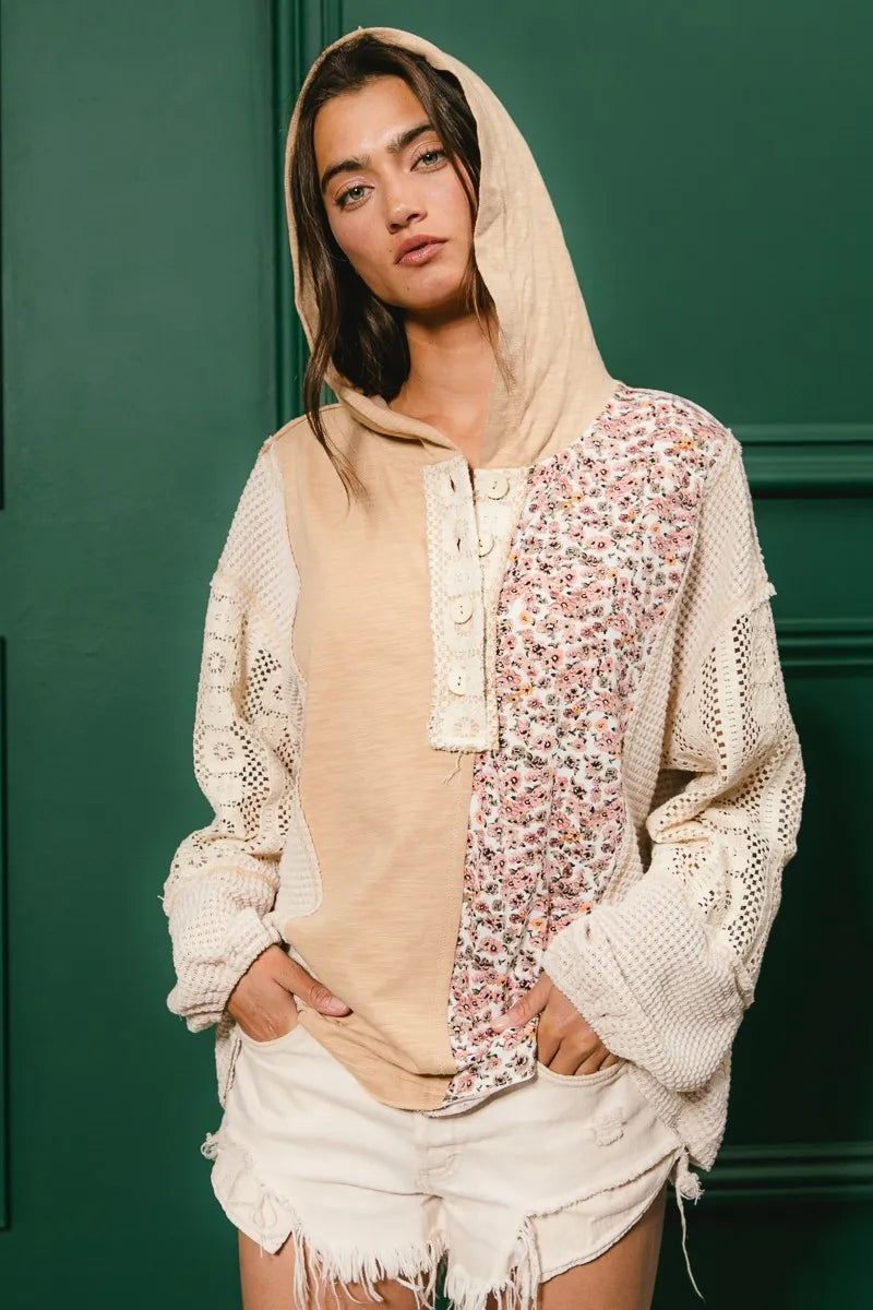 BiBi Slub Jersey with Lace Combo Buttoned Hoodie Top free shipping -Oh Em Gee Boutique