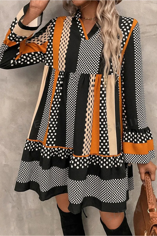 Printed Notched Long Sleeve Mini Dress free shipping -Oh Em Gee Boutique