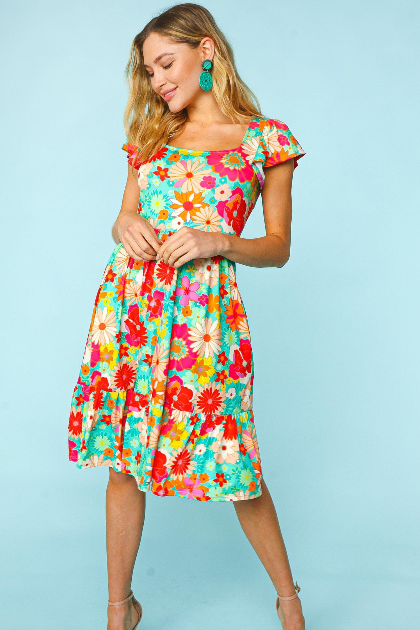 Haptics Floral Square Neck Short Sleeve Dress free shipping -Oh Em Gee Boutique