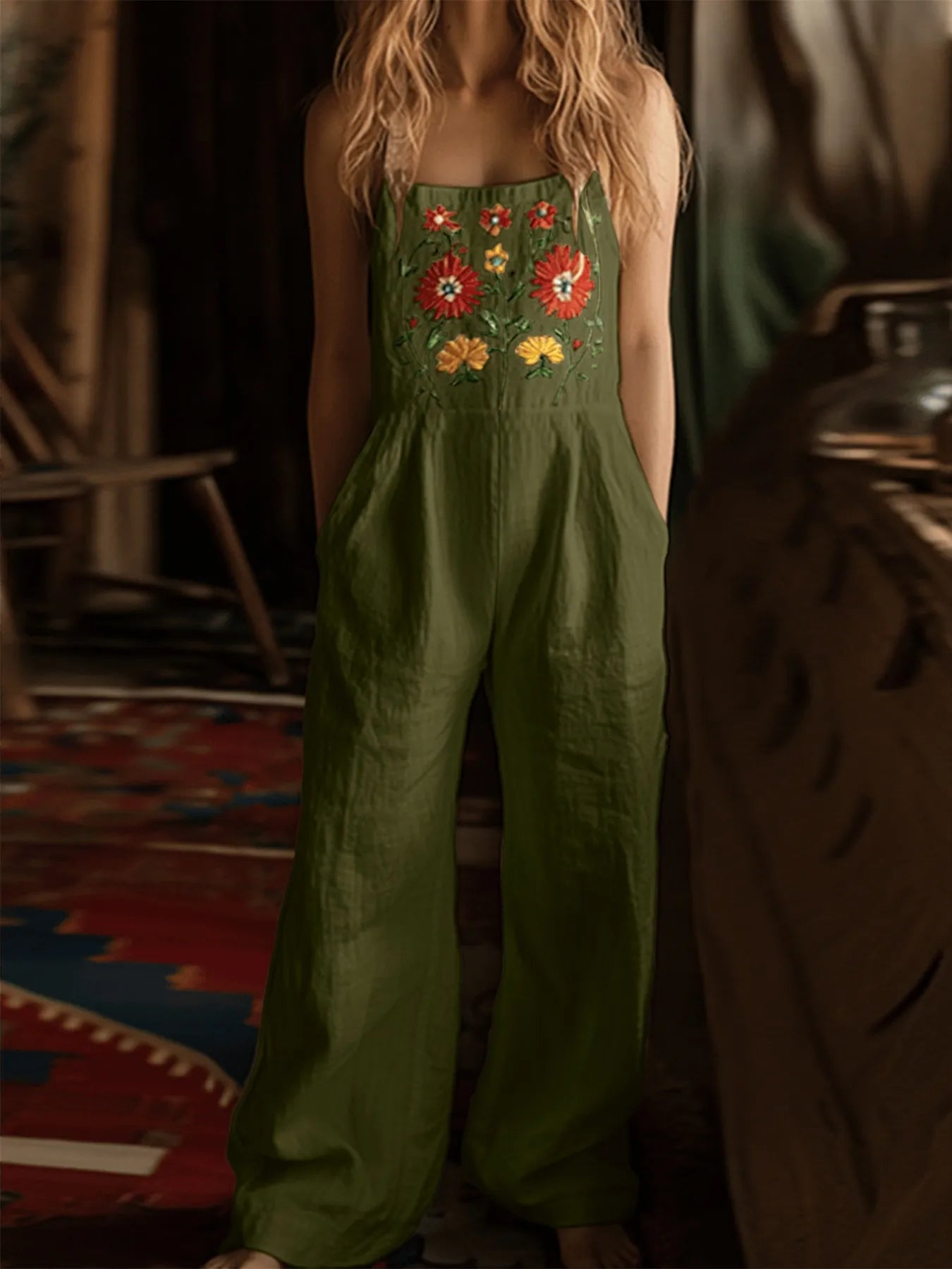 Floral Embroidered Wide Leg Jumpsuit free shipping -Oh Em Gee Boutique