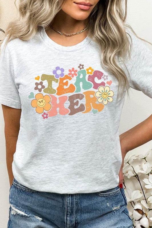 Teacher Pastel Floral Lash Smiley Graphic Tee free shipping -Oh Em Gee Boutique