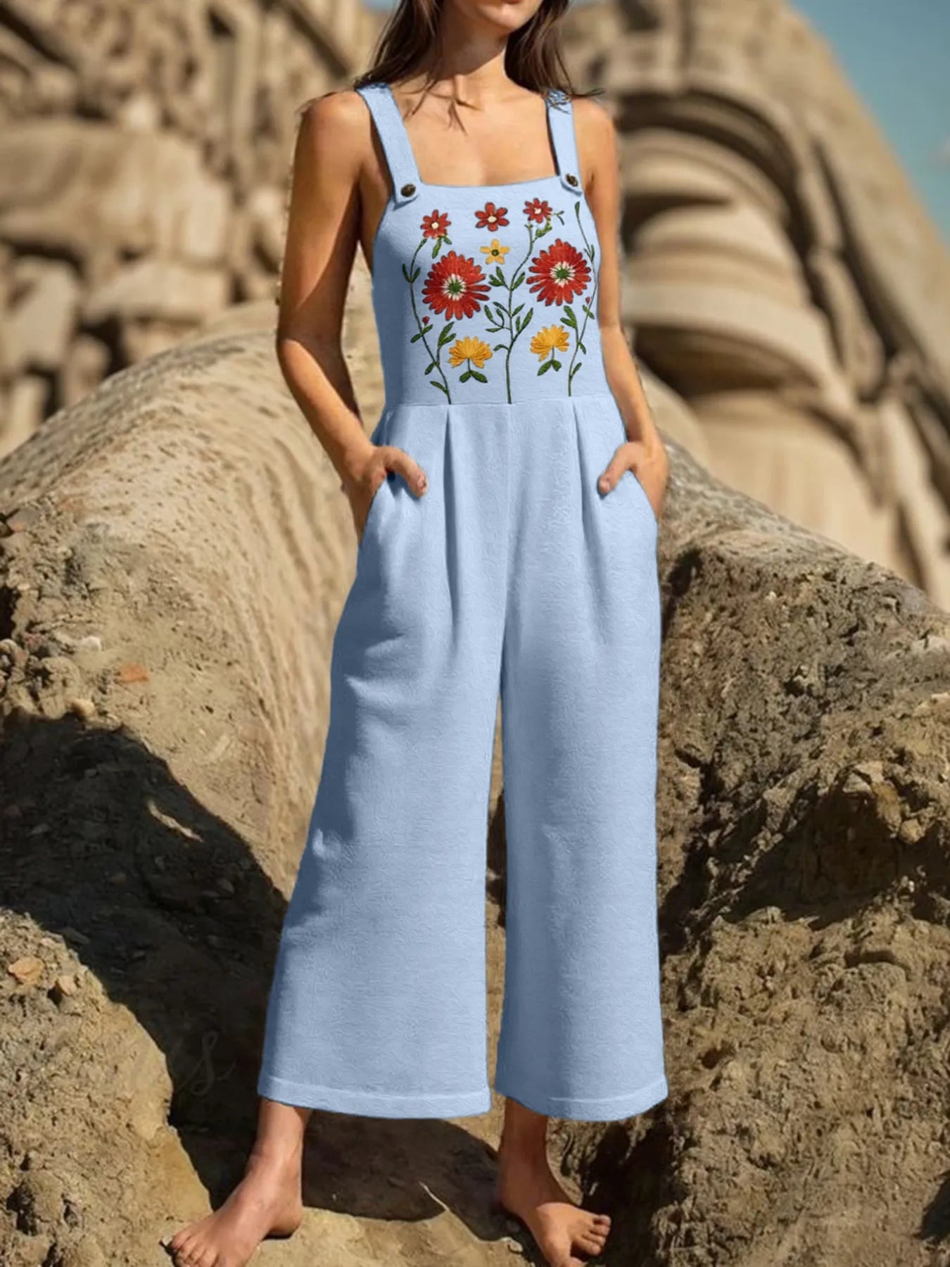 Floral Embroidered Wide Leg Jumpsuit free shipping -Oh Em Gee Boutique
