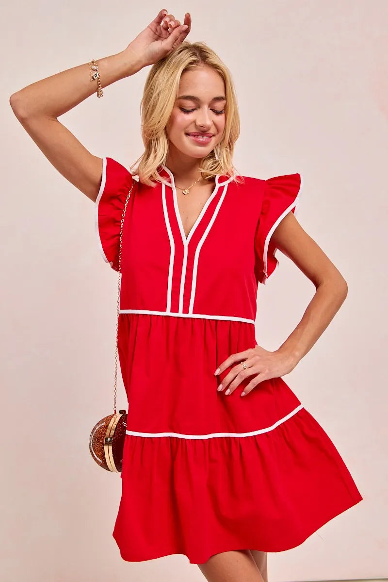 BiBi Gameday Theme Contrast Binding Ruffled Dress free shipping -Oh Em Gee Boutique