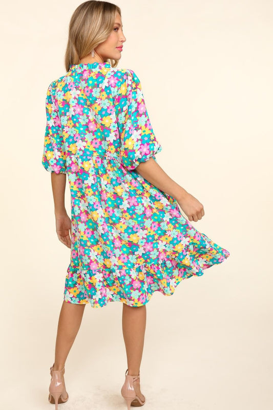 Haptics Bubble Sleeve Floral Ruffled Dress free shipping -Oh Em Gee Boutique