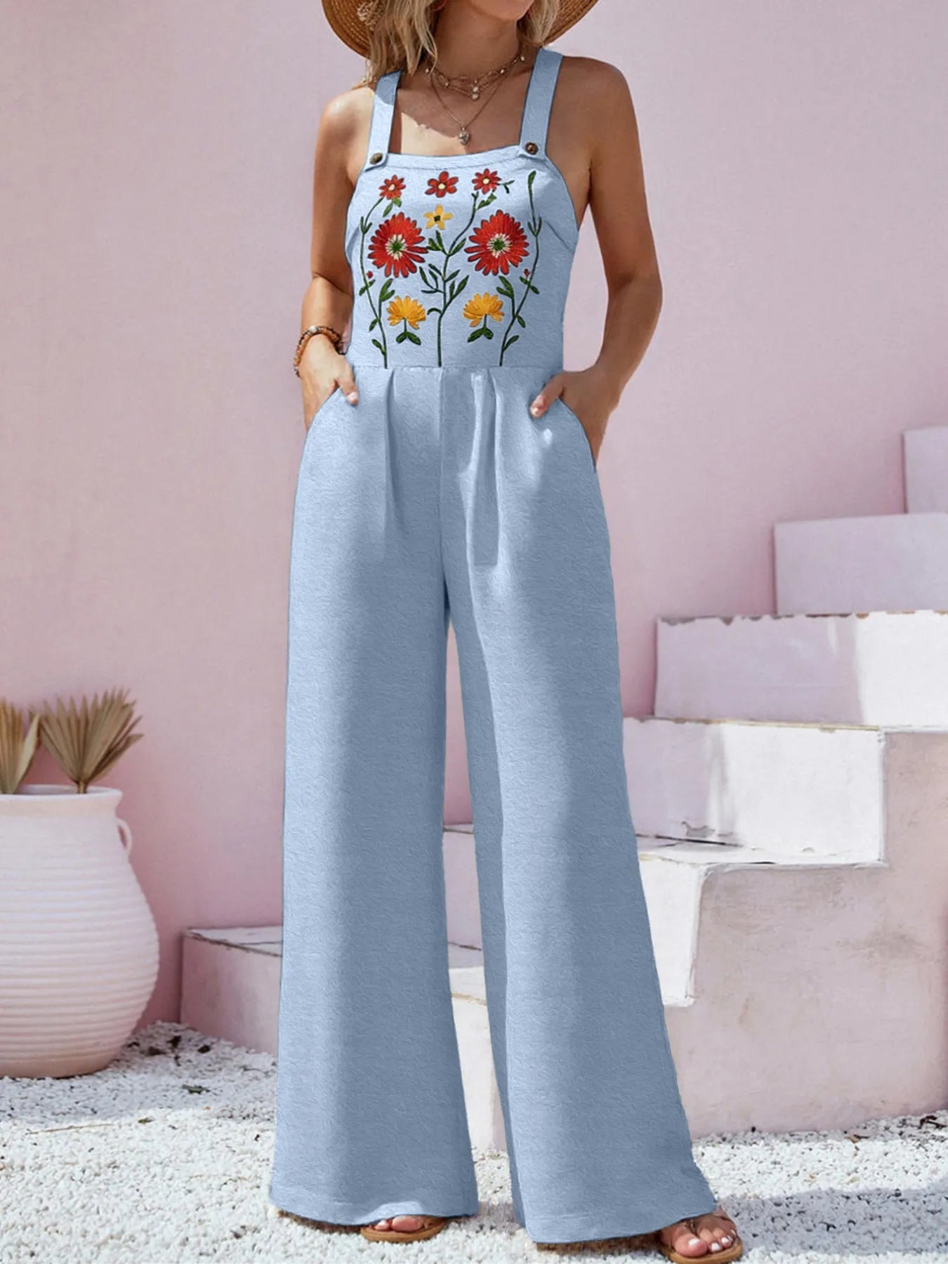 Floral Embroidered Wide Leg Jumpsuit free shipping -Oh Em Gee Boutique