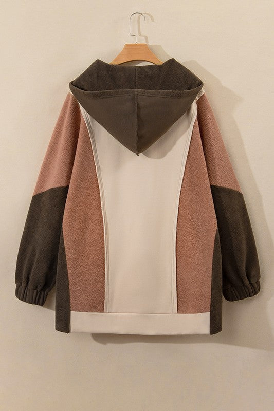 Brown Exposed Seam Colorblock Plus Size Hoodie free shipping -Oh Em Gee Boutique